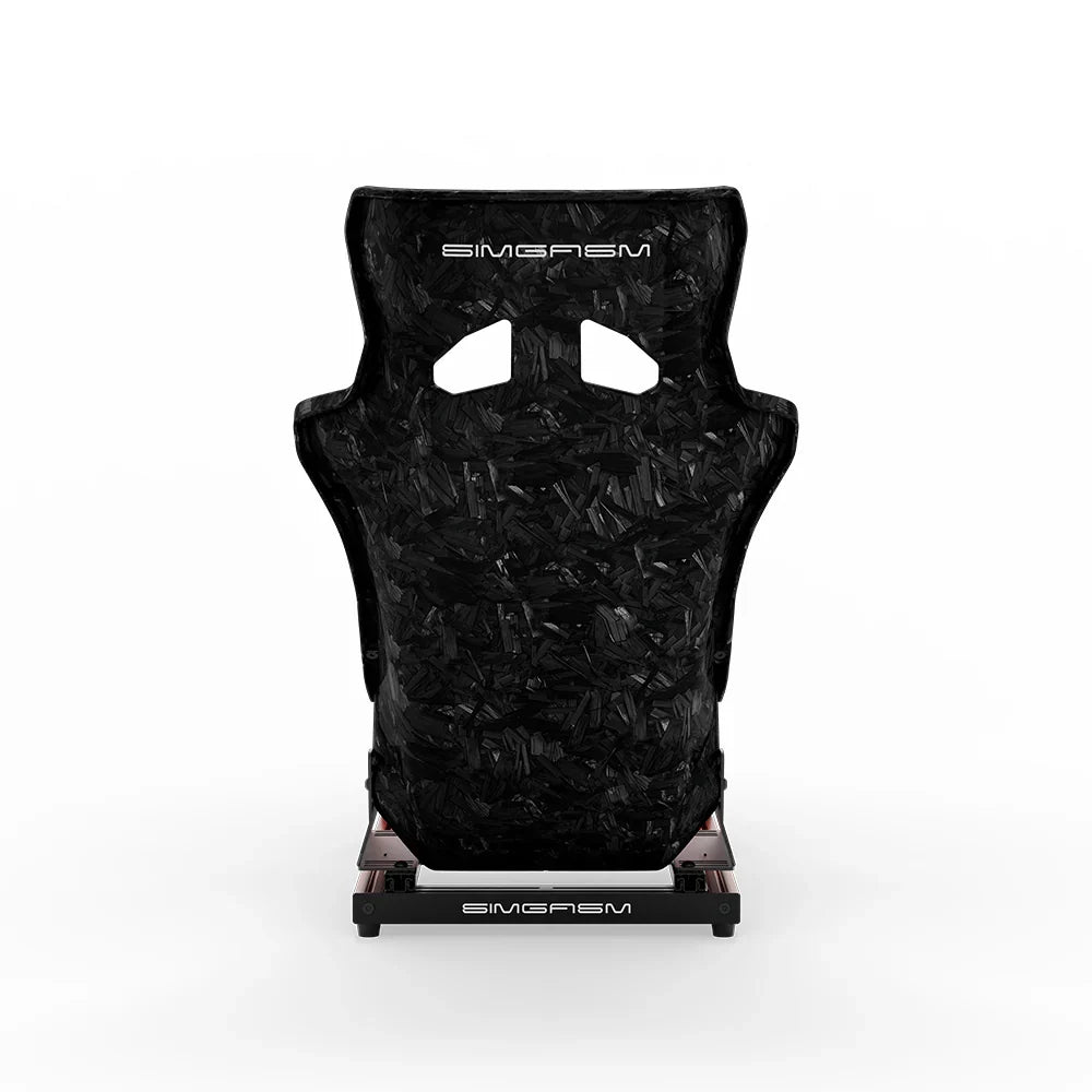 SIMGASM Hobby red sim racing cockpit, Forged Carbon Look GT seat, straight rear studio view