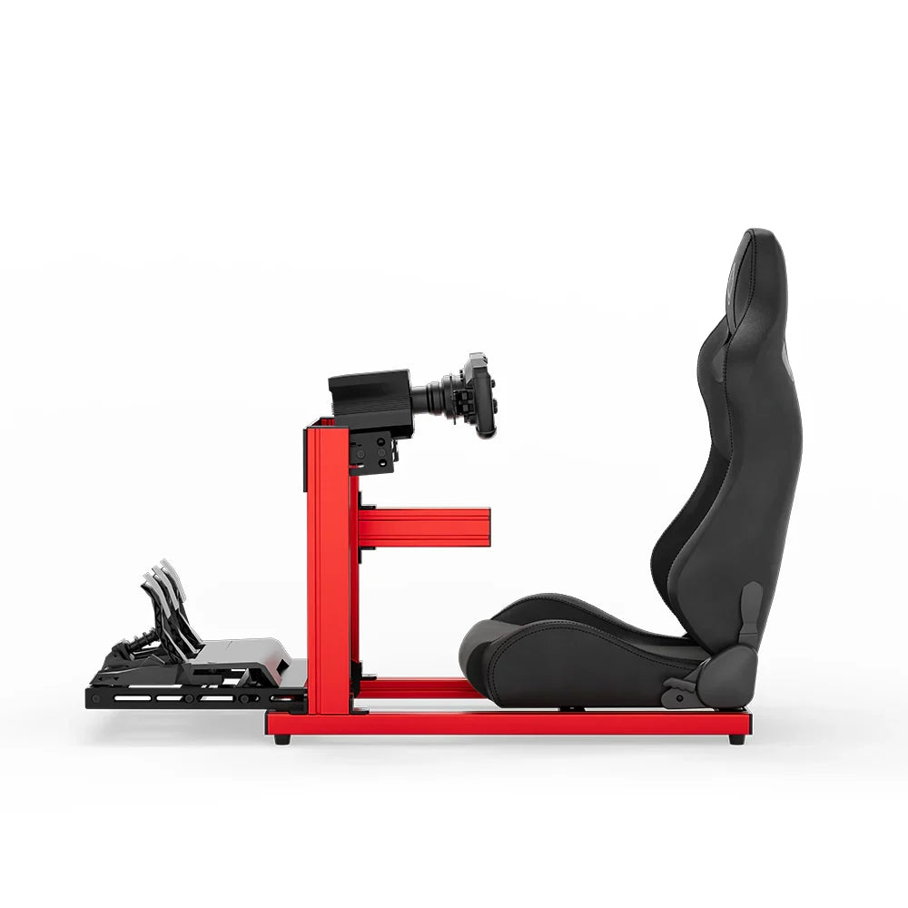 SIMGASM Hobby red sim racing cockpit, black reclining seat and MOZA wheel base, side-profile studio view