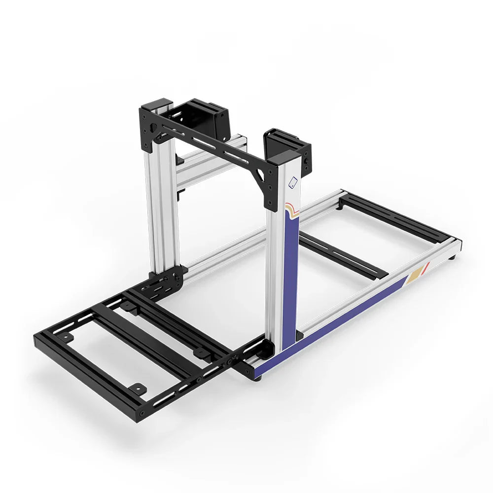 SIMGASM Hobby RothBros sim racing cockpit, side-mount wheel brackets, pedal-end three-quarter studio view