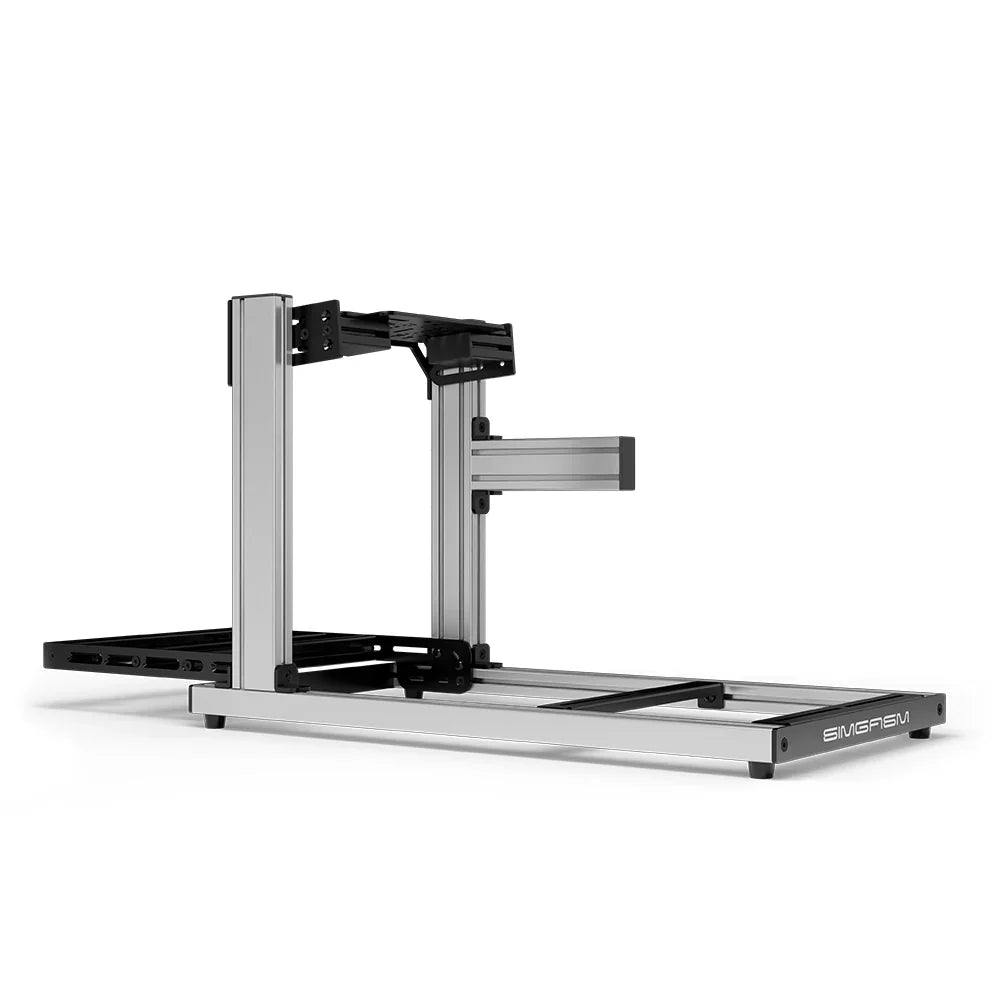 SIMGASM Hobby silver sim racing cockpit, bottom-mount wheel deck, side-profile studio view