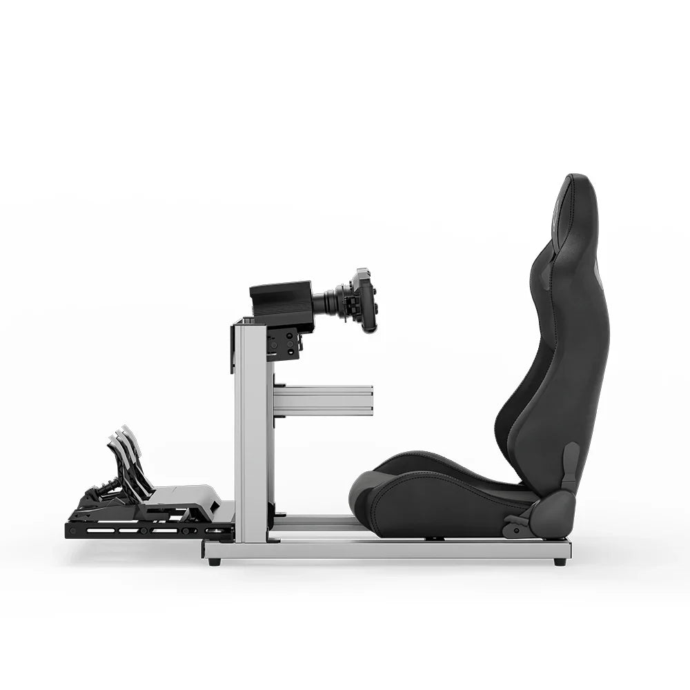 SIMGASM Hobby silver sim racing cockpit, black reclining seat and MOZA wheel base, side-profile studio view