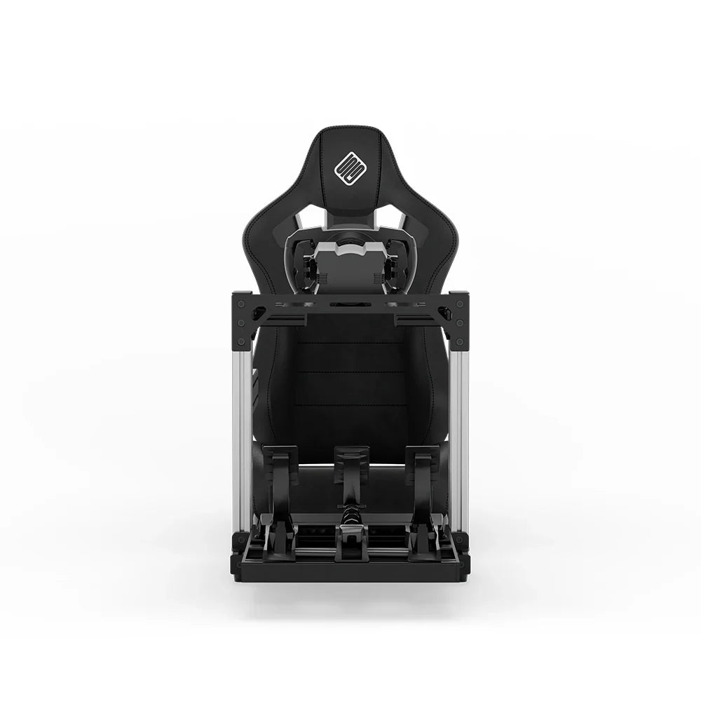 SIMGASM Hobby silver sim racing cockpit, black reclining seat and MOZA wheel base, straight front studio view