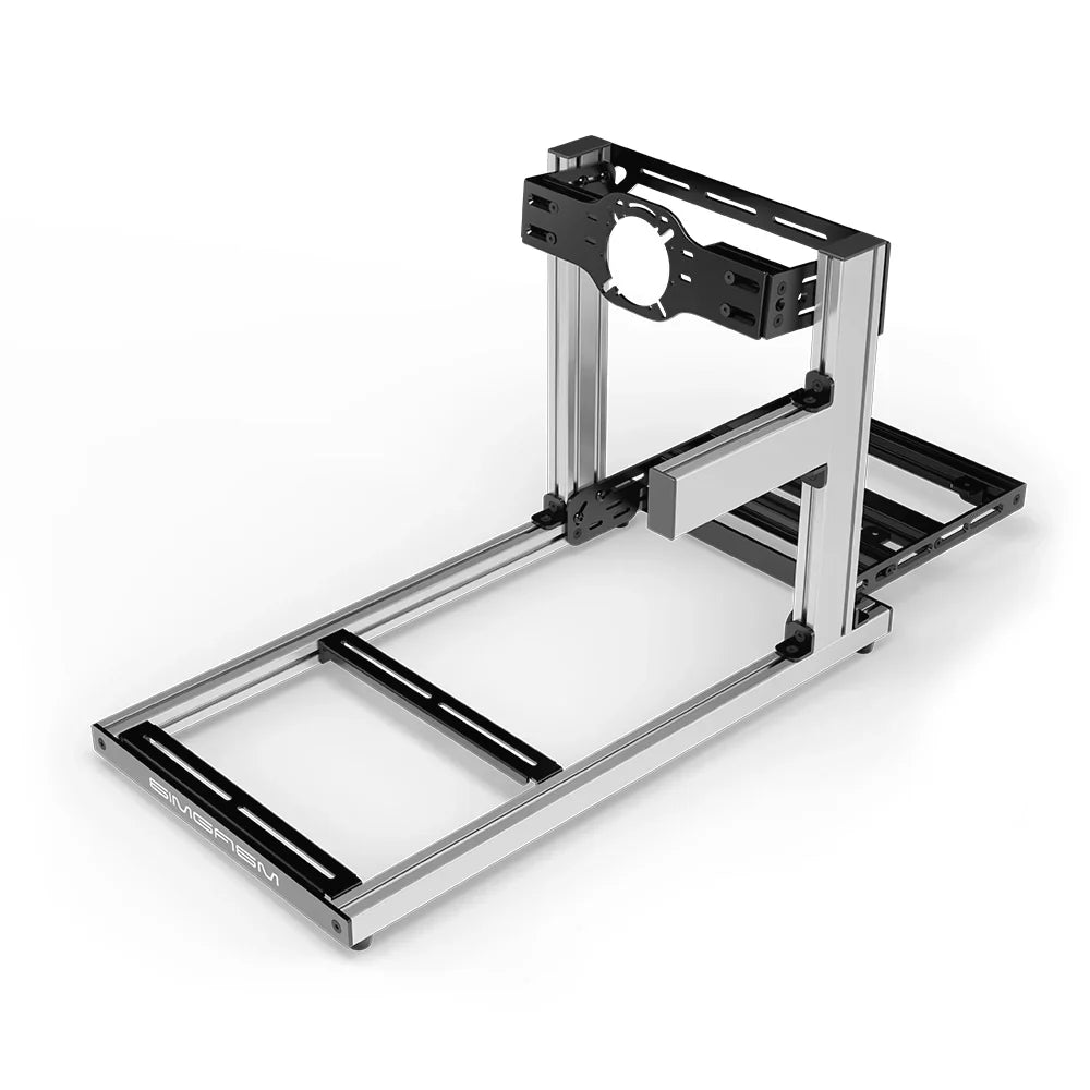 SIMGASM Hobby silver sim racing cockpit, front-mount wheel plate, shifter-side three-quarter studio view