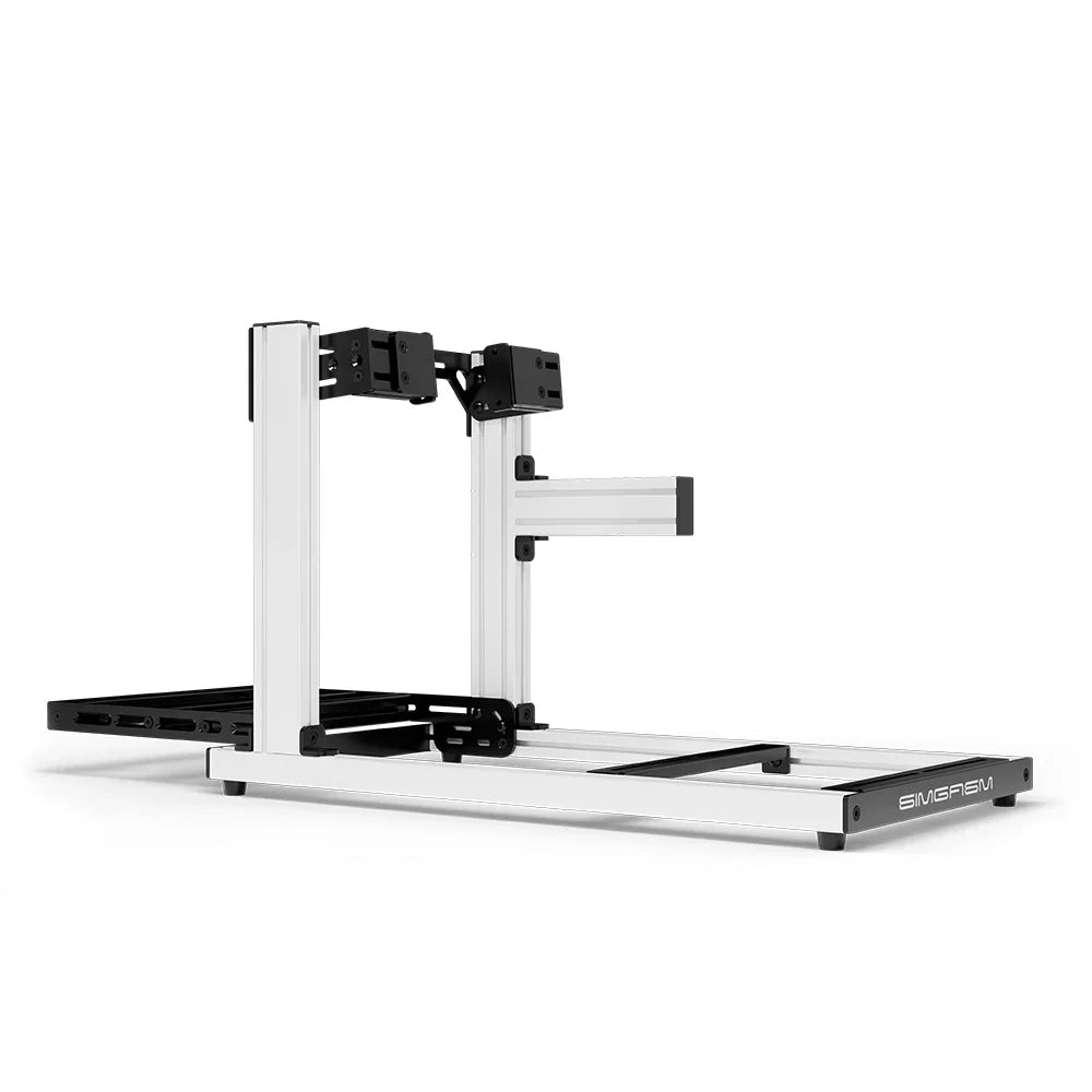 SIMGASM Hobby white sim racing cockpit, side-mount wheel brackets, side-profile studio view