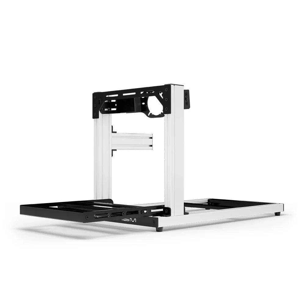 SIMGASM Hobby white sim racing cockpit, front-mount wheel plate, end-on studio view