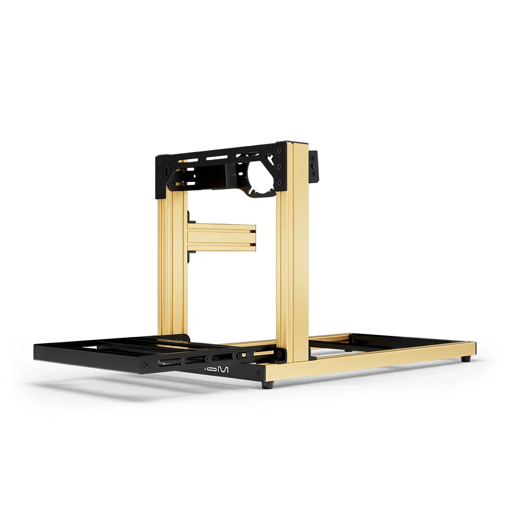 SIMGASM Hobby gold sim racing cockpit, front-mount wheel plate, end-on studio view