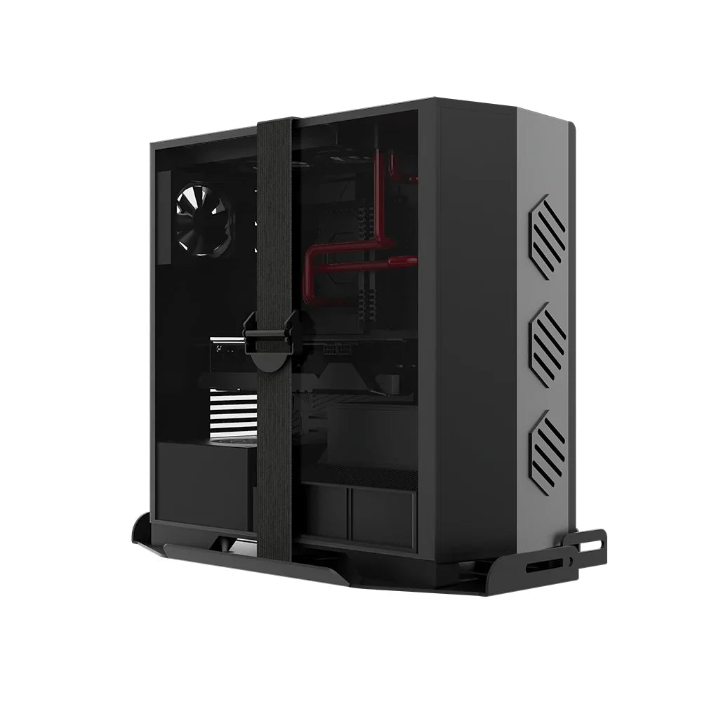 Desktop gaming PC positioned on the black SIMGASM PC tray for scale