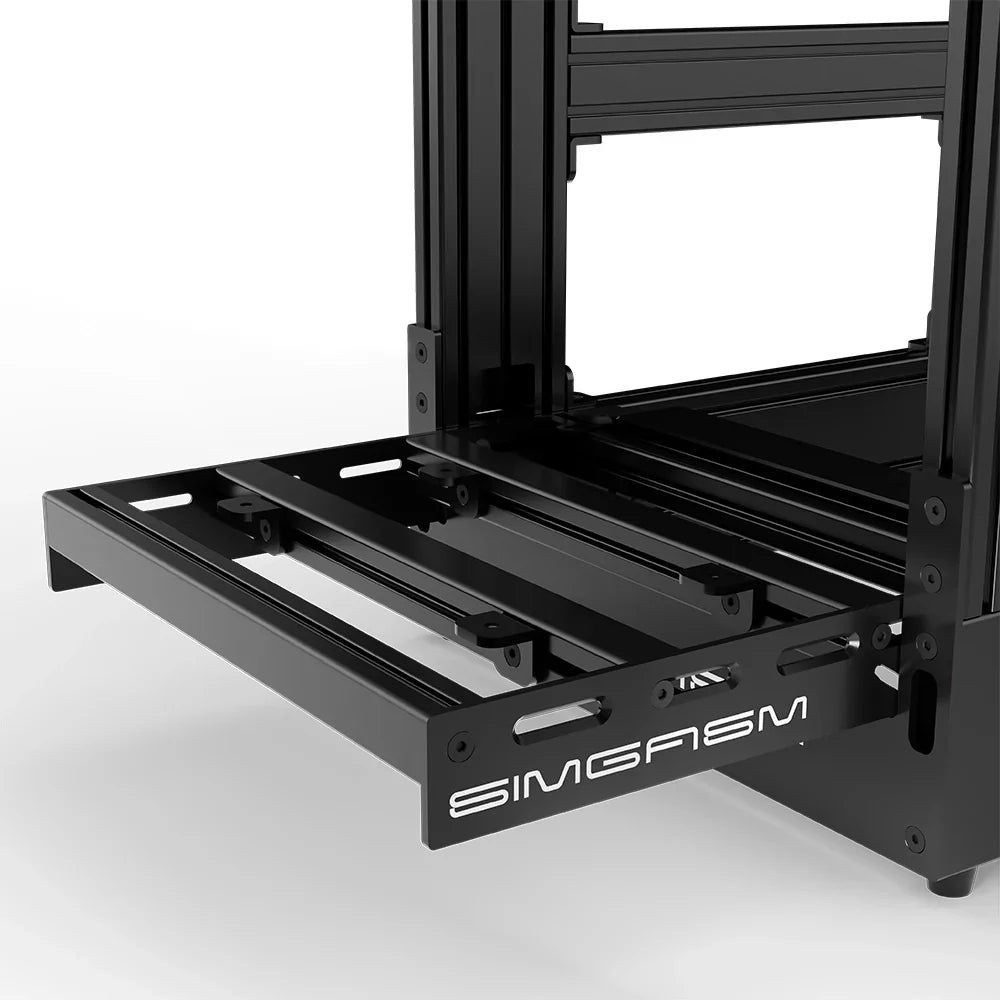 Black SIMGASM Pro sim racing cockpit, close-up of the pedal tray and SIMGASM logo plate