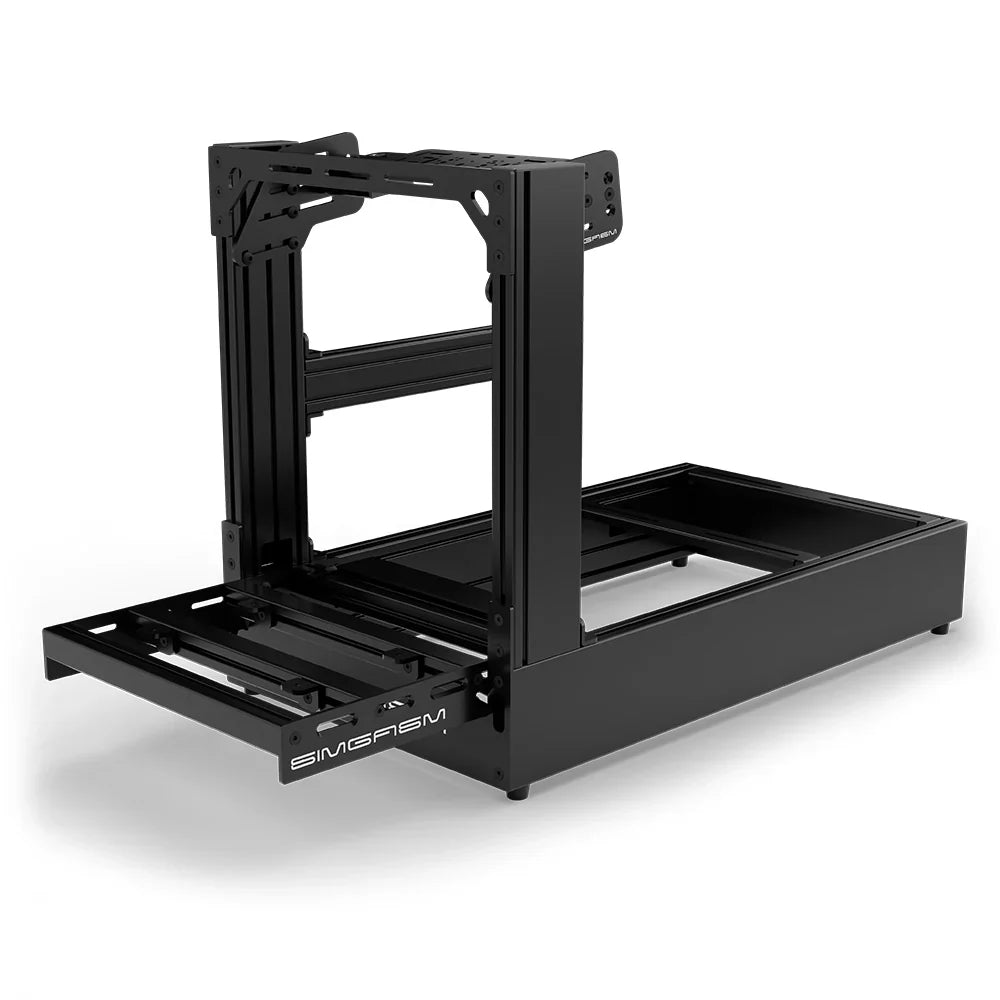 Black SIMGASM Pro sim racing cockpit with bottom wheel mount, low front three-quarter view