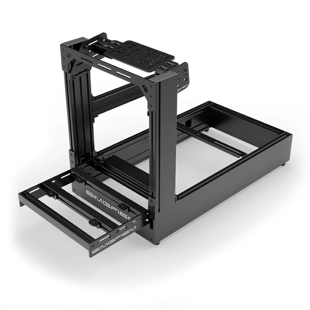 Black SIMGASM Pro sim racing cockpit with bottom wheel mount, elevated front three-quarter view