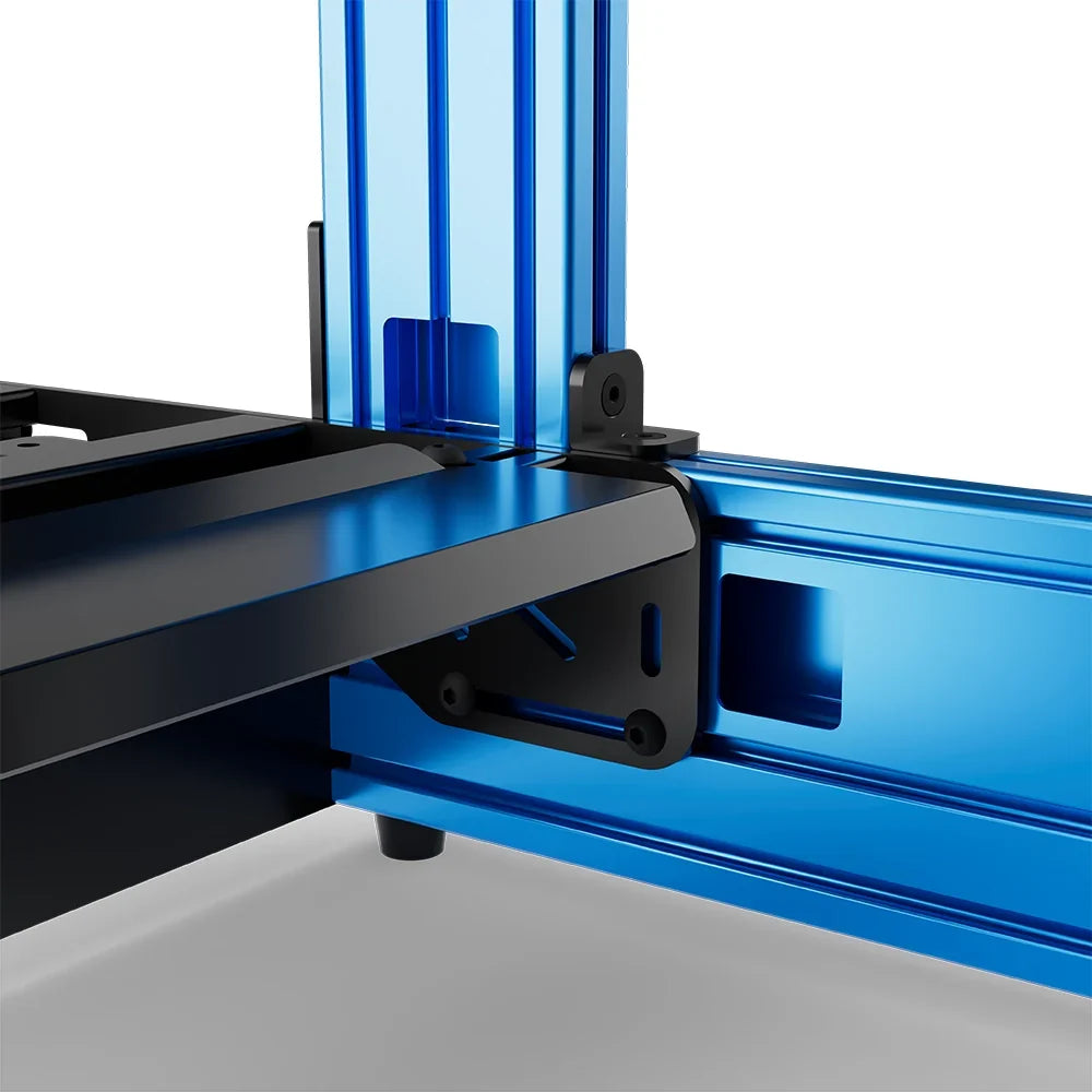 Blue SIMGASM Pro sim racing cockpit, close-up of a frame joint and triangular bracket