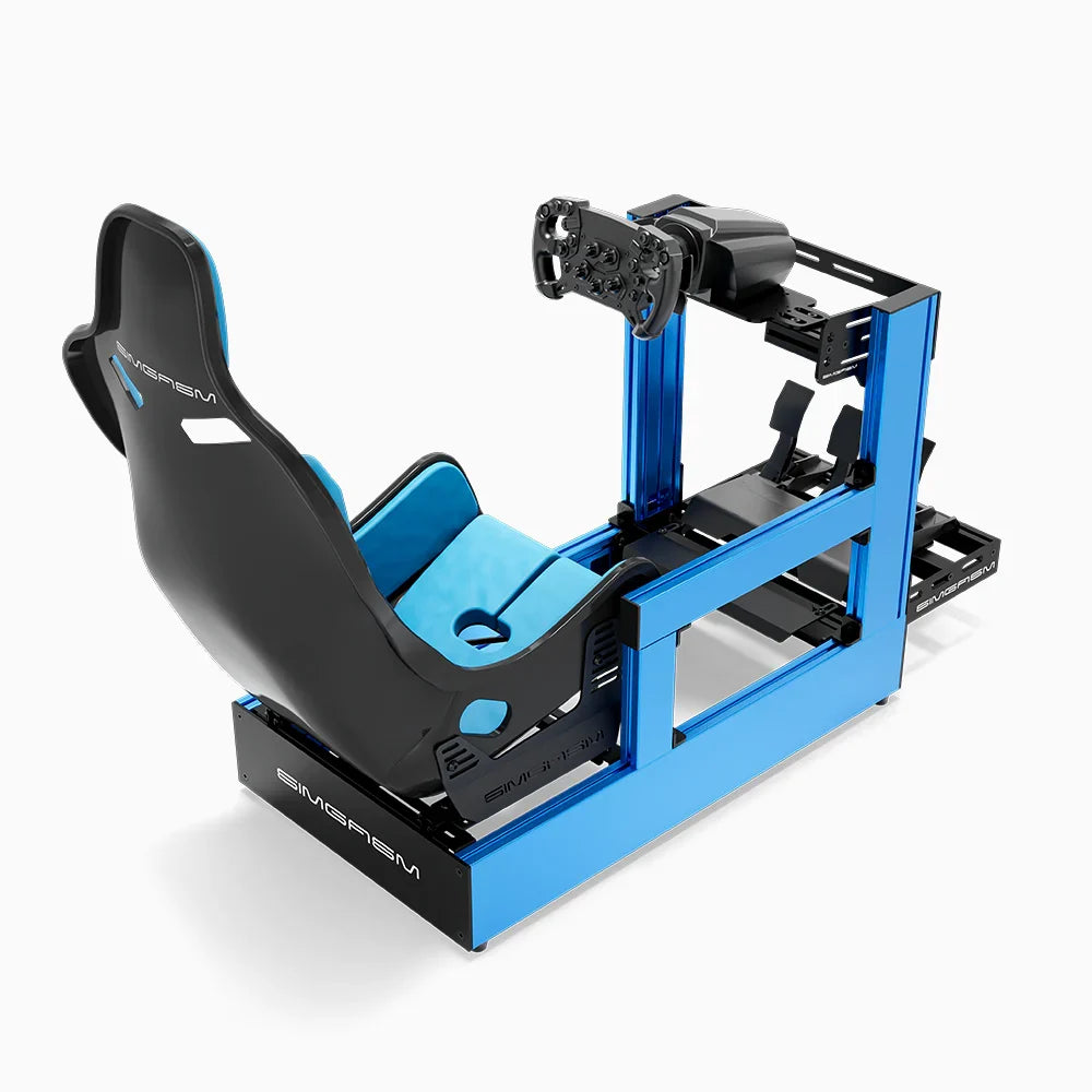 Blue SIMGASM Pro sim racing cockpit with MOZA gear and Forged Carbon Look Formula seat, rear three-quarter view