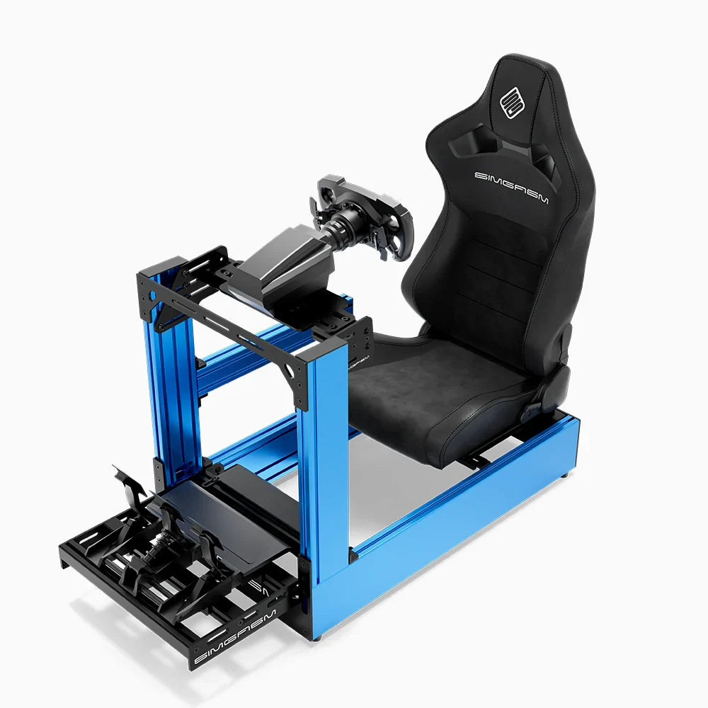 Blue SIMGASM Pro sim racing cockpit with MOZA gear and black reclining seat, front three-quarter with pedals