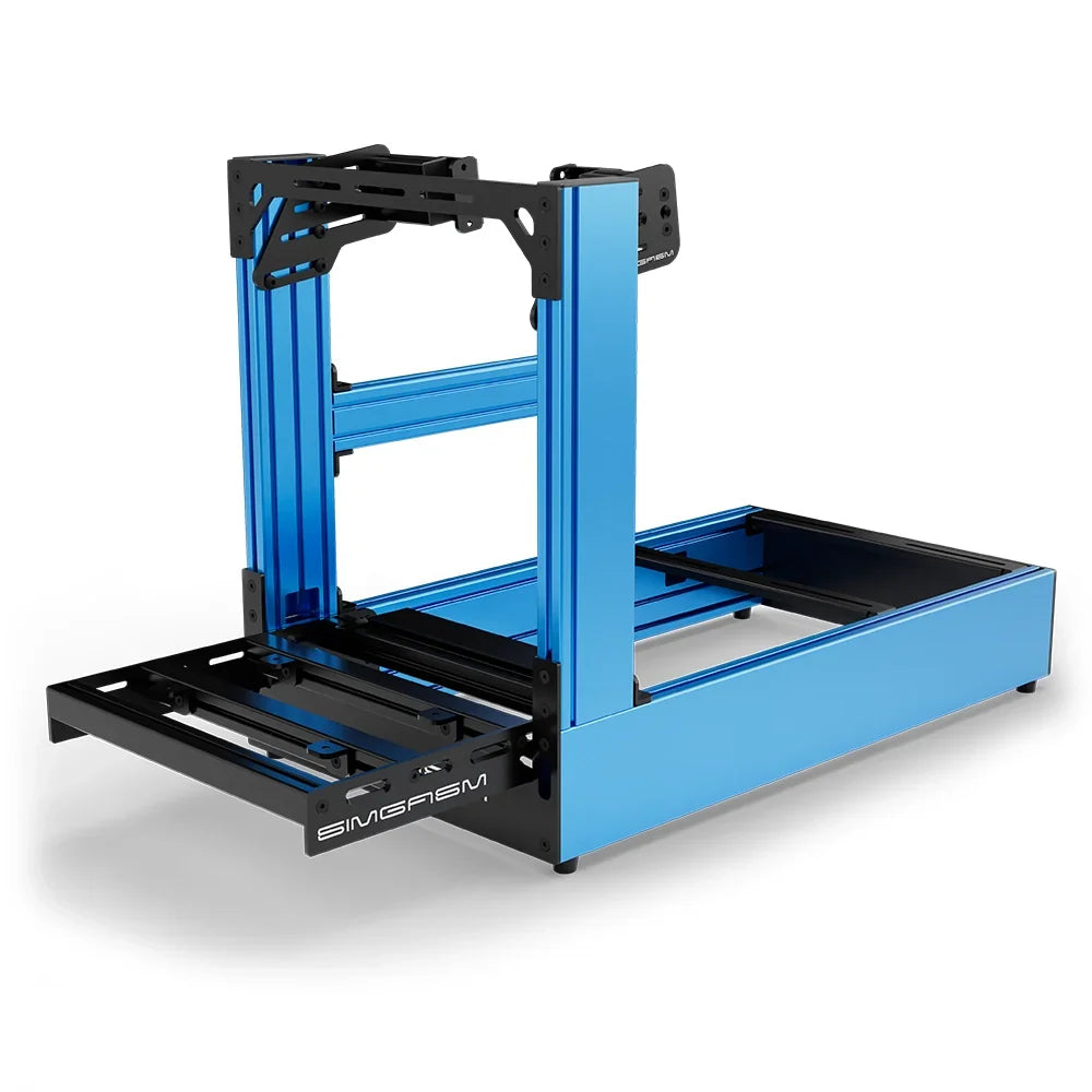 Blue SIMGASM Pro sim racing cockpit with side wheel mount, low front three-quarter view