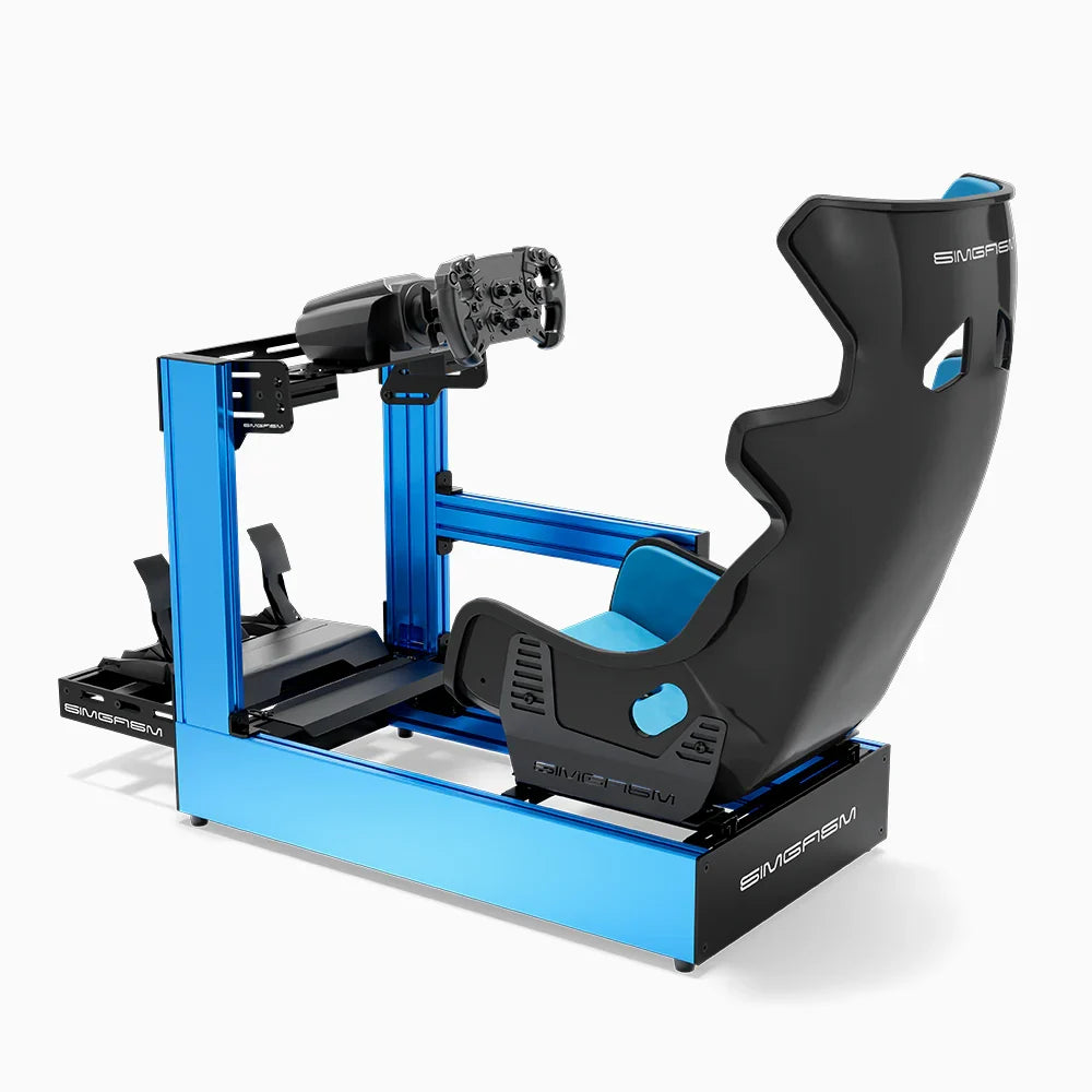 Blue SIMGASM Pro sim racing cockpit with MOZA gear and Forged Carbon Look GT seat, side view showing seat back