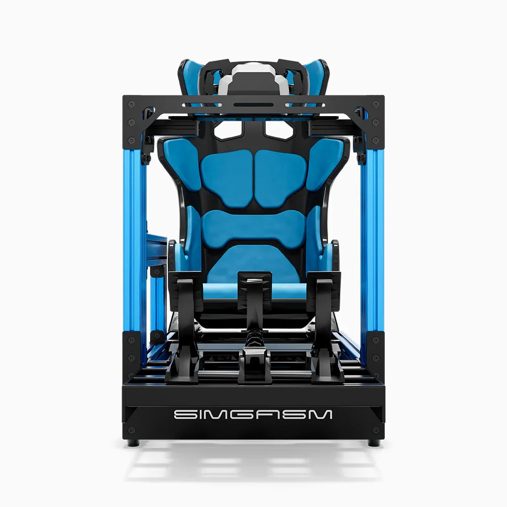 Blue SIMGASM Pro sim racing cockpit with MOZA gear and Forged Carbon Look GT seat, direct front view