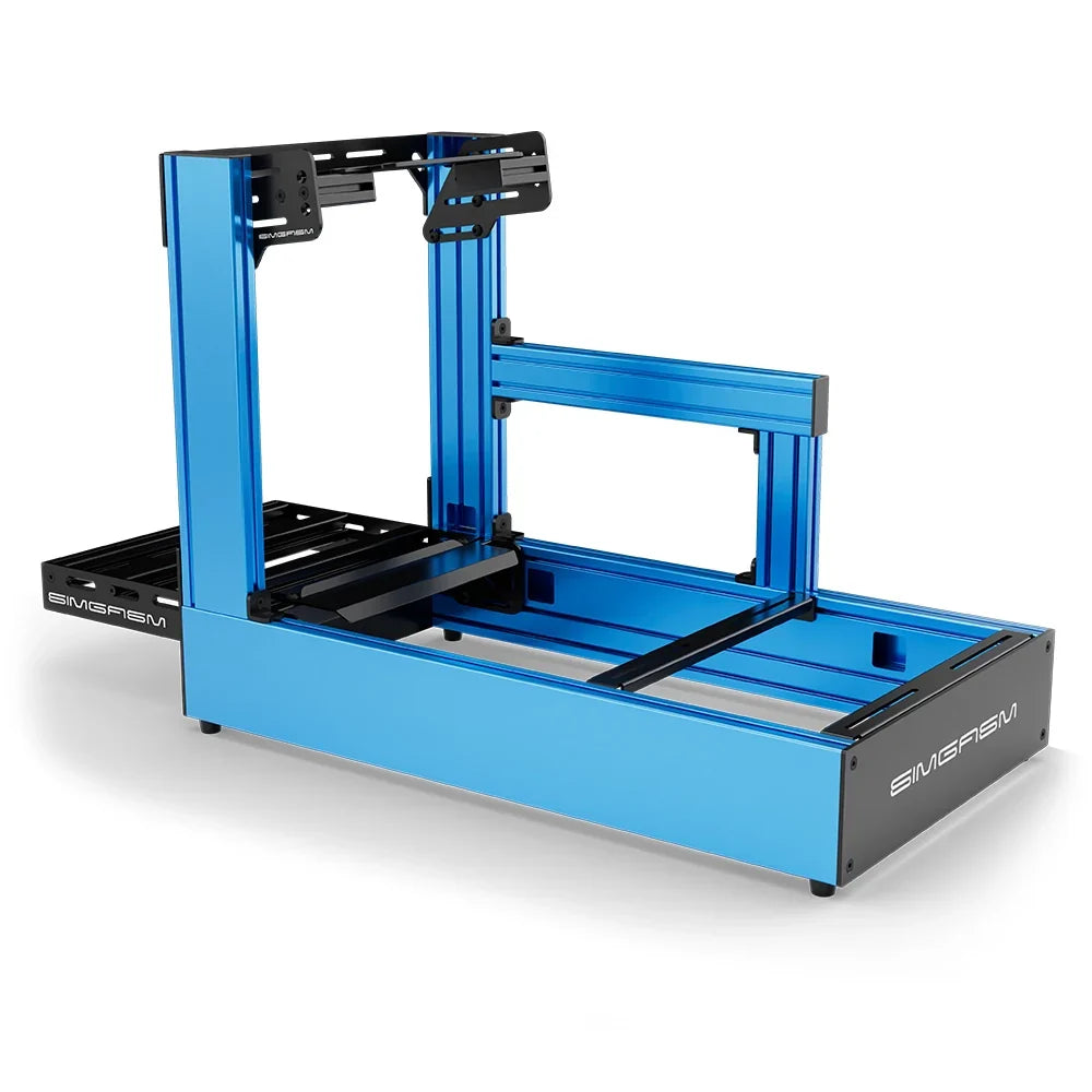 Blue SIMGASM Pro sim racing cockpit with bottom wheel mount, rear three-quarter view