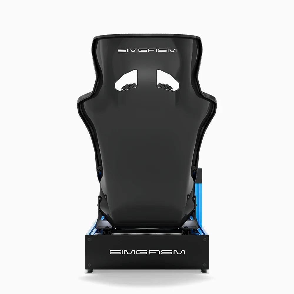 Blue SIMGASM Pro sim racing cockpit with MOZA gear and Forged Carbon Look GT seat, direct rear view
