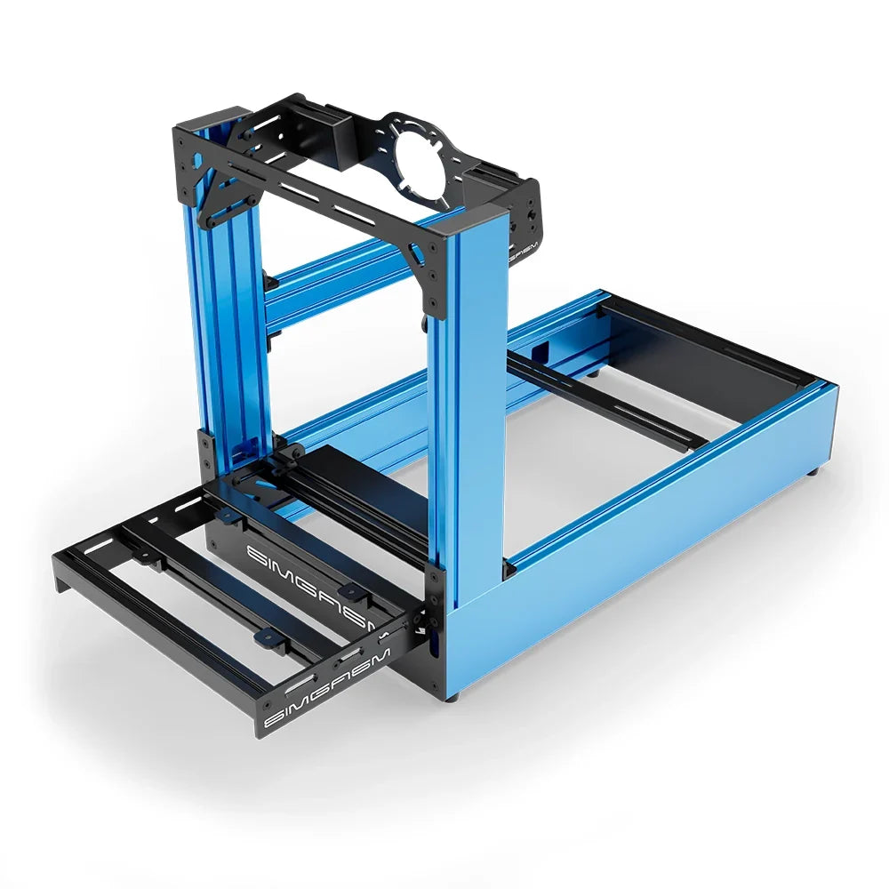 Blue SIMGASM Pro sim racing cockpit with front wheel mount, elevated front three-quarter view