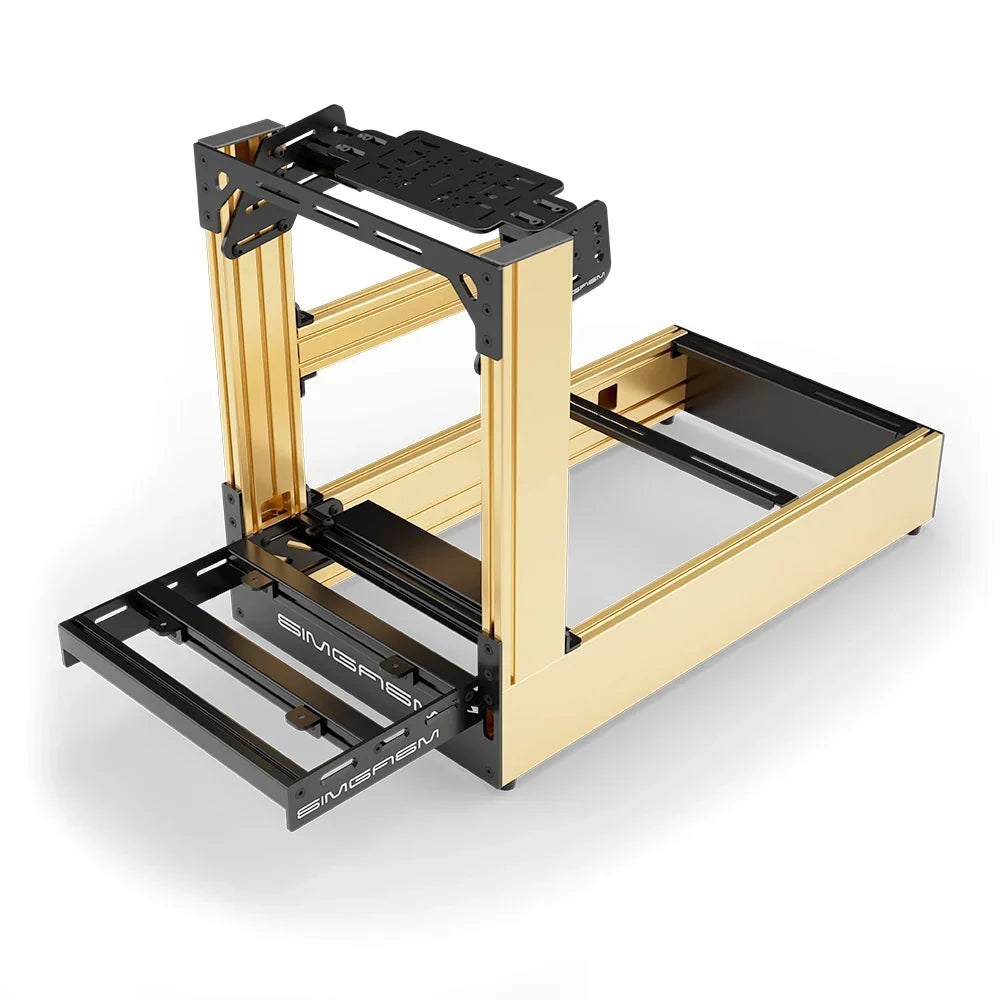Gold SIMGASM Pro sim racing cockpit with bottom wheel mount, elevated front three-quarter view