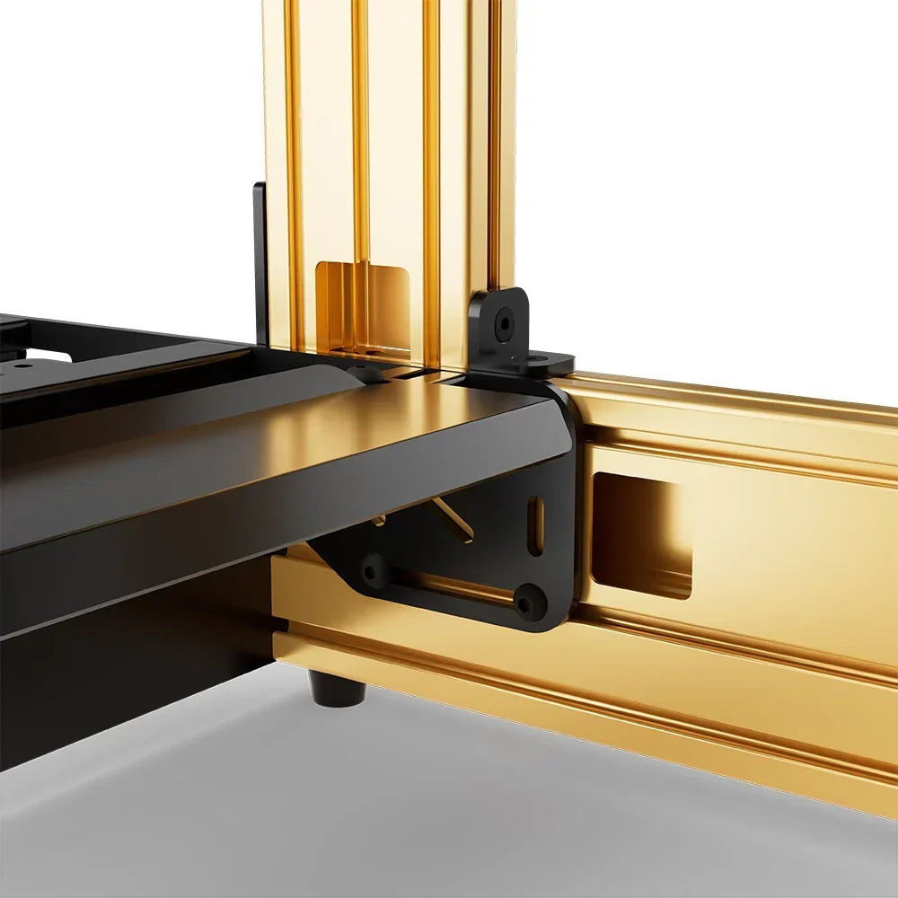 Gold SIMGASM Pro sim racing cockpit, close-up of a frame joint and triangular bracket