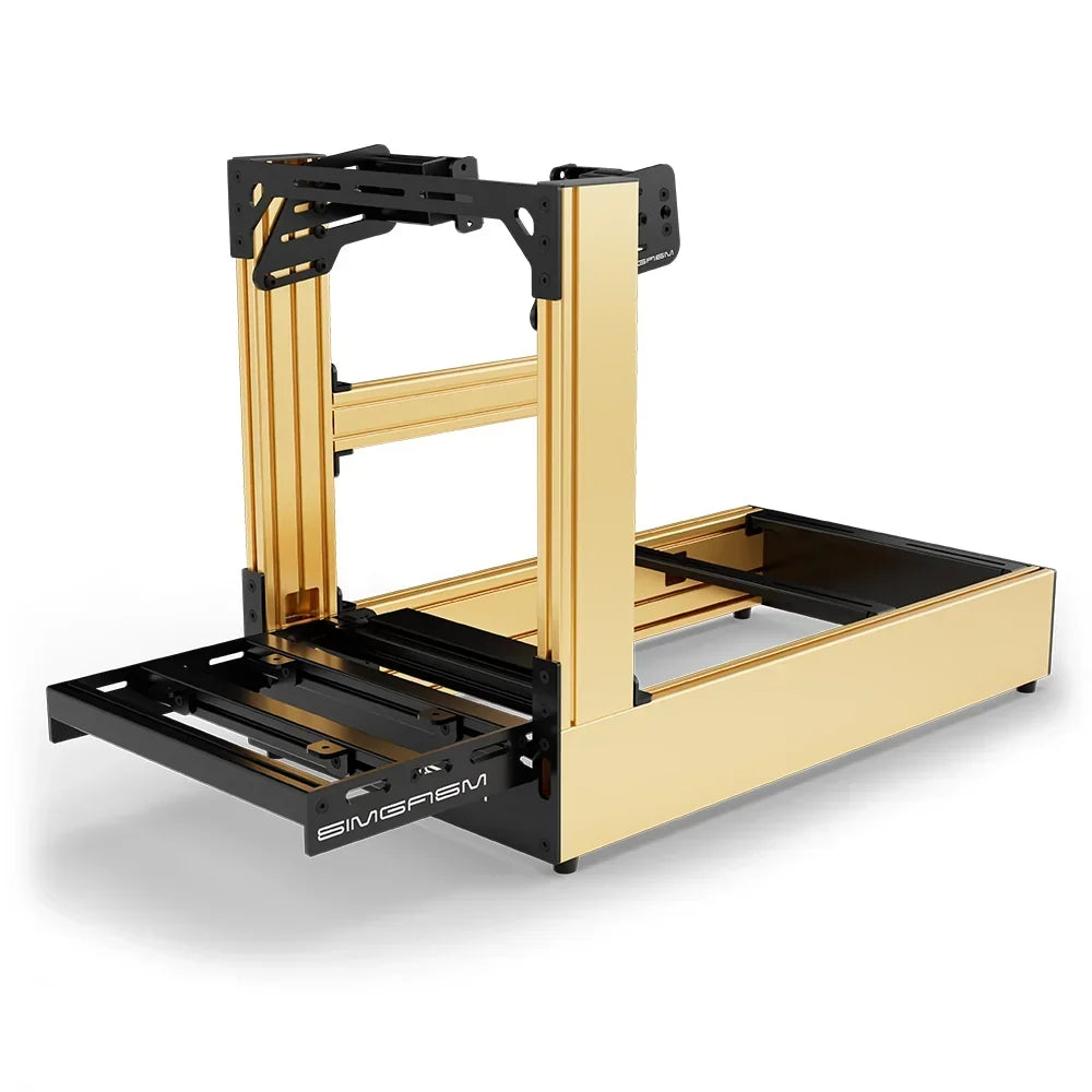 Gold SIMGASM Pro sim racing cockpit with side wheel mount, low front three-quarter view