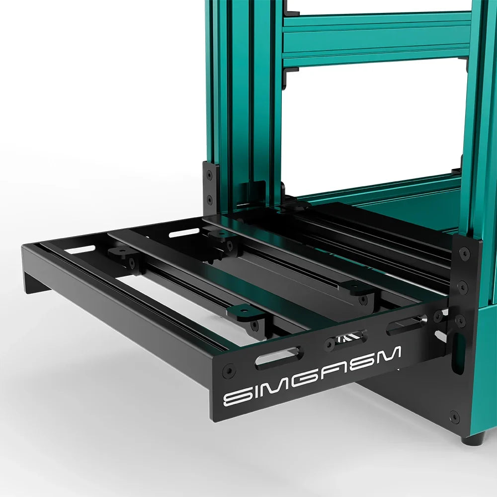 Green SIMGASM Pro sim racing cockpit, close-up of the pedal tray and SIMGASM logo plate