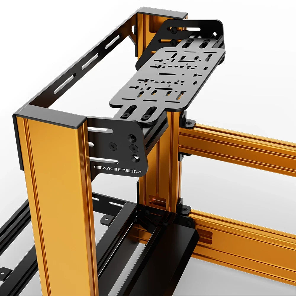 Orange SIMGASM Pro sim racing cockpit with bottom wheel mount, mounting hardware close-up