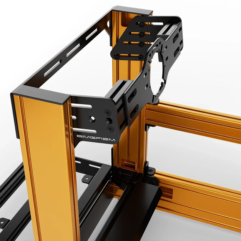 Orange SIMGASM Pro sim racing cockpit with front wheel mount, mounting hardware close-up