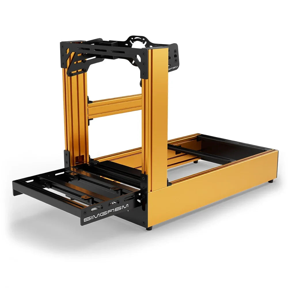 Orange SIMGASM Pro sim racing cockpit with front wheel mount, low front three-quarter view