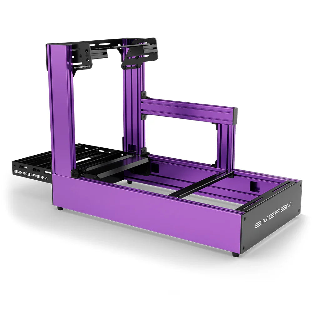 Purple SIMGASM Pro sim racing cockpit with bottom wheel mount, rear three-quarter view