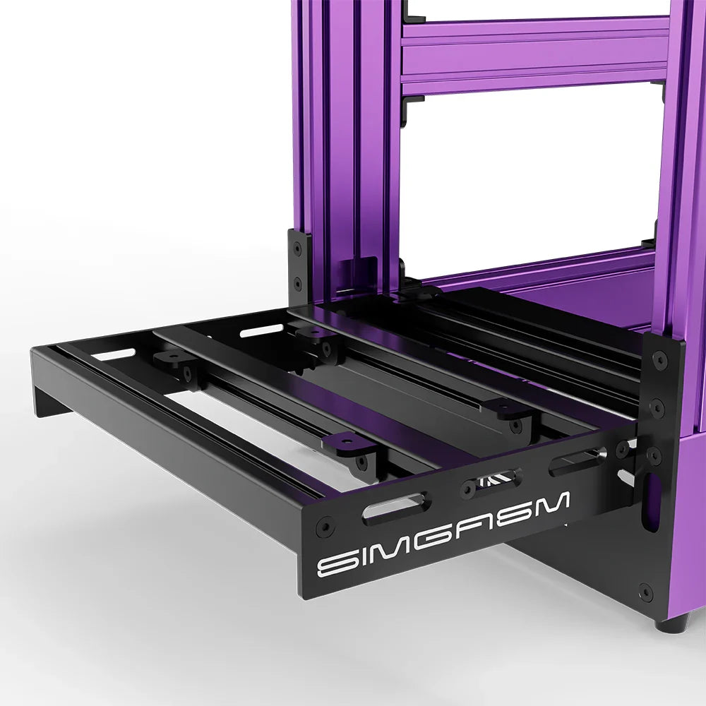 Purple SIMGASM Pro sim racing cockpit, close-up of the pedal tray and SIMGASM logo plate