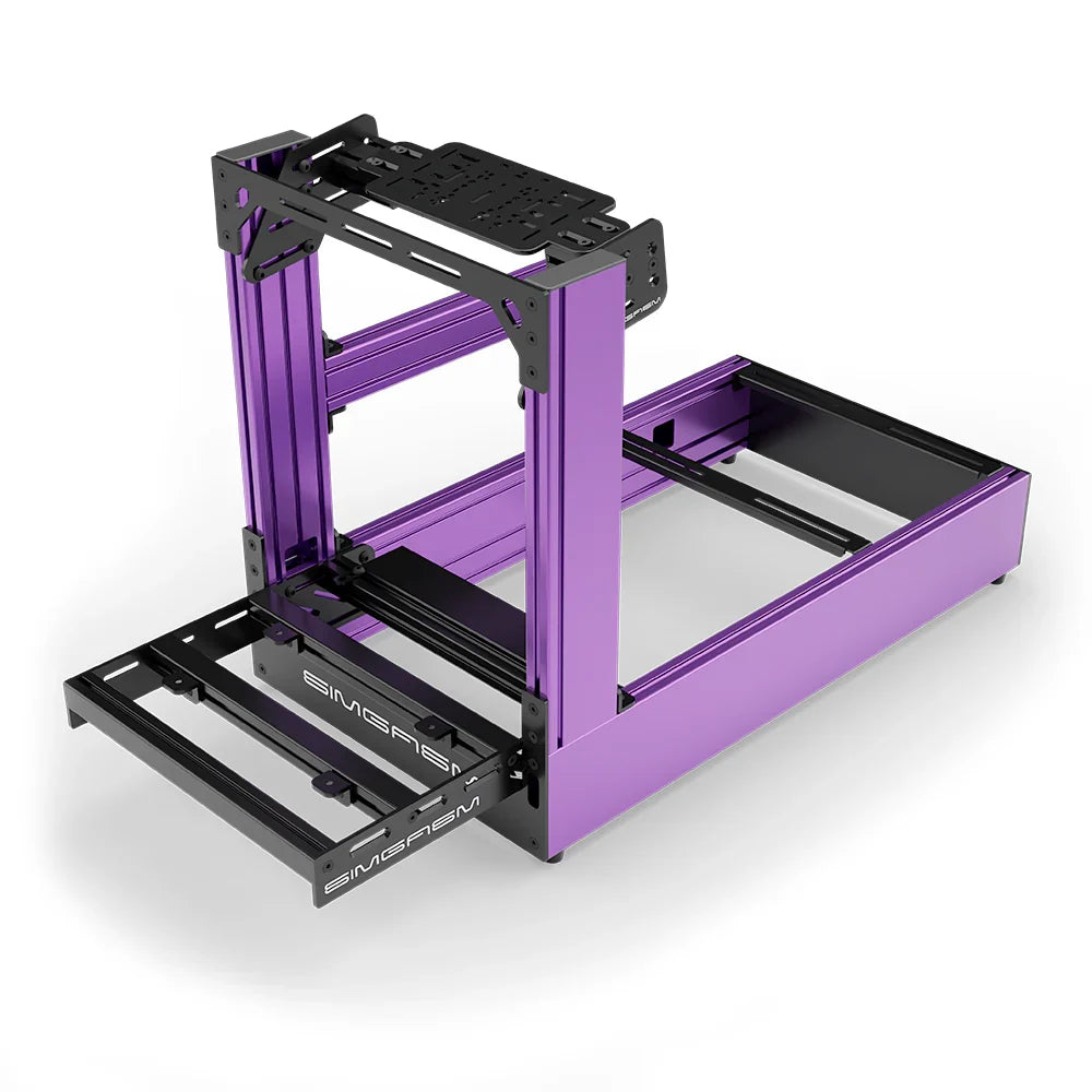 Purple SIMGASM Pro sim racing cockpit with bottom wheel mount, elevated front three-quarter view
