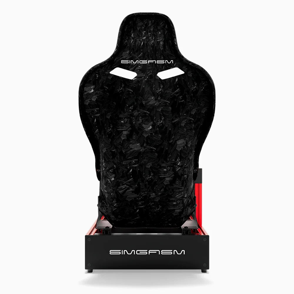 Red SIMGASM Pro sim racing cockpit with MOZA gear and Forged Carbon Look Formula seat, direct rear view