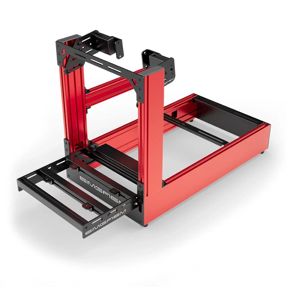 Red SIMGASM Pro sim racing cockpit with side wheel mount, elevated front three-quarter view