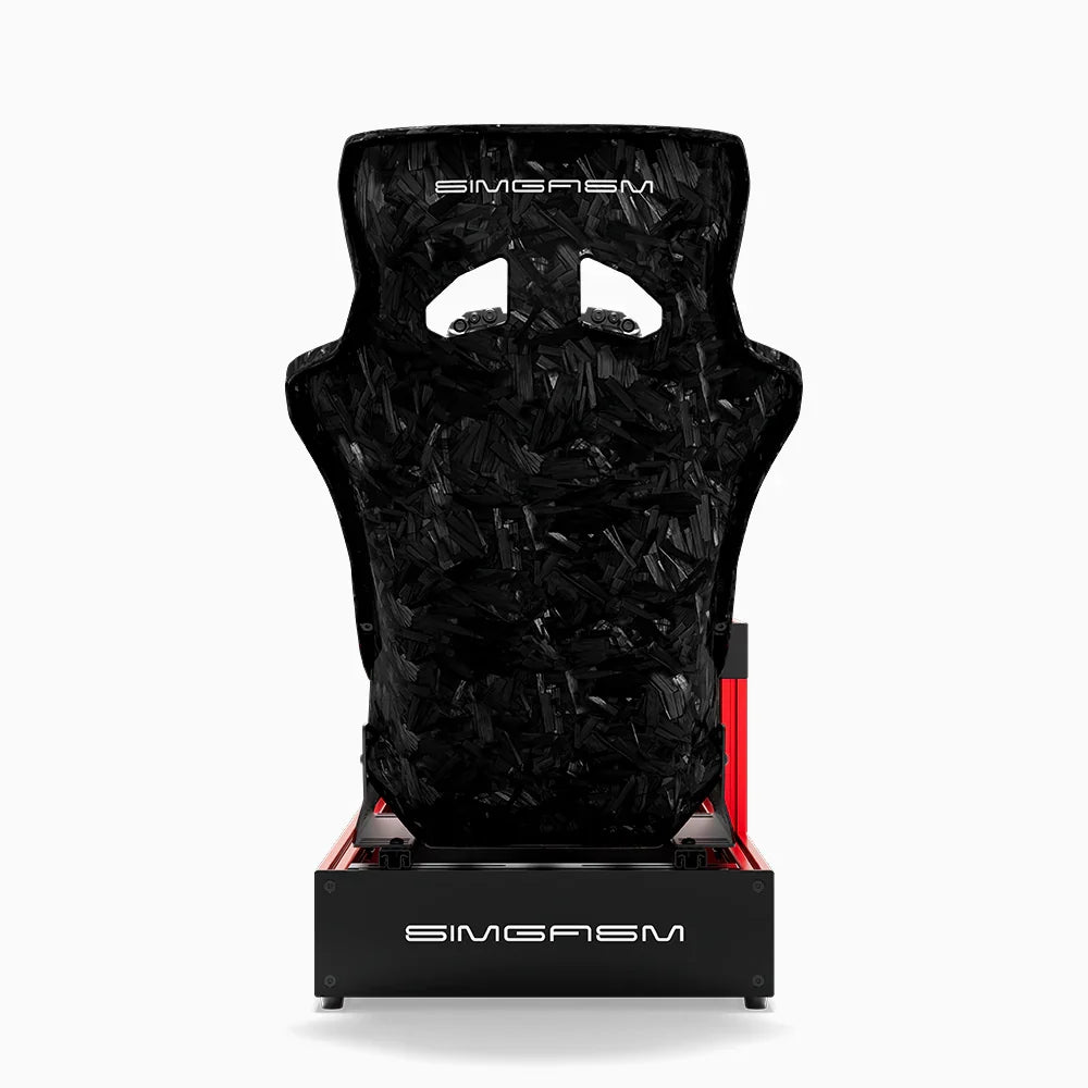 Red SIMGASM Pro sim racing cockpit with MOZA gear and Forged Carbon Look GT seat, direct rear view