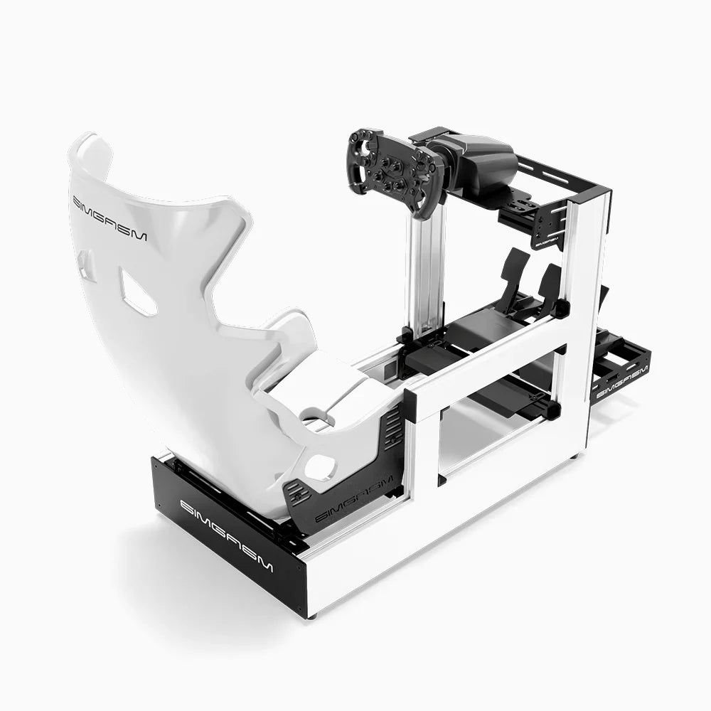White SIMGASM Pro sim racing cockpit with MOZA gear and white GT seat, rear three-quarter view