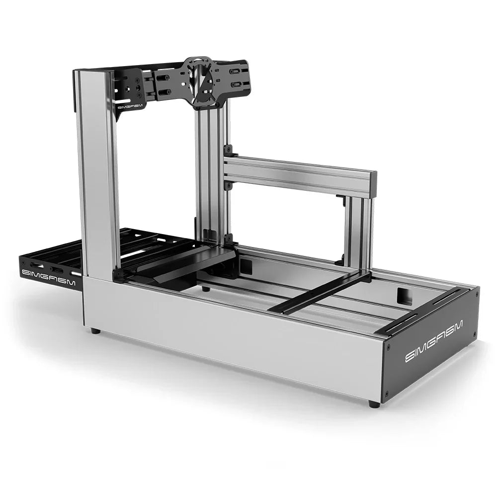 Silver SIMGASM Pro sim racing cockpit with front wheel mount, rear three-quarter view
