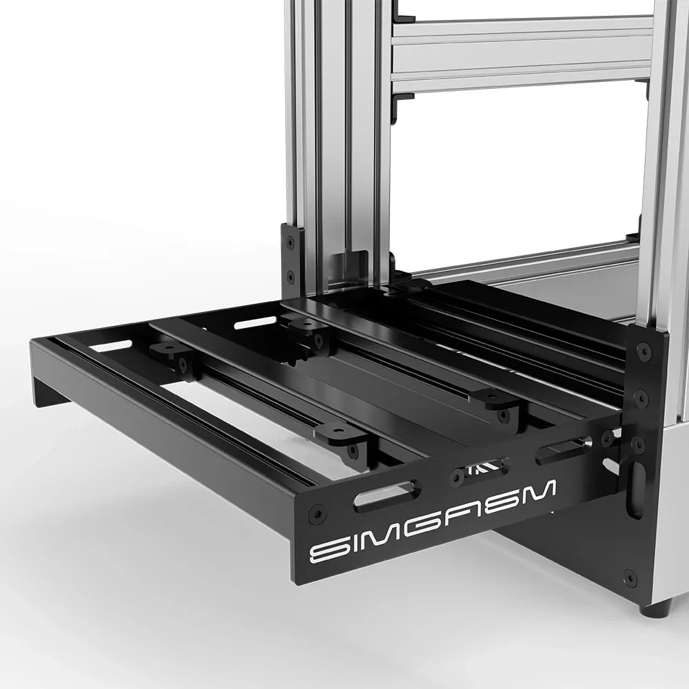 Silver SIMGASM Pro sim racing cockpit, close-up of the pedal tray and SIMGASM logo plate