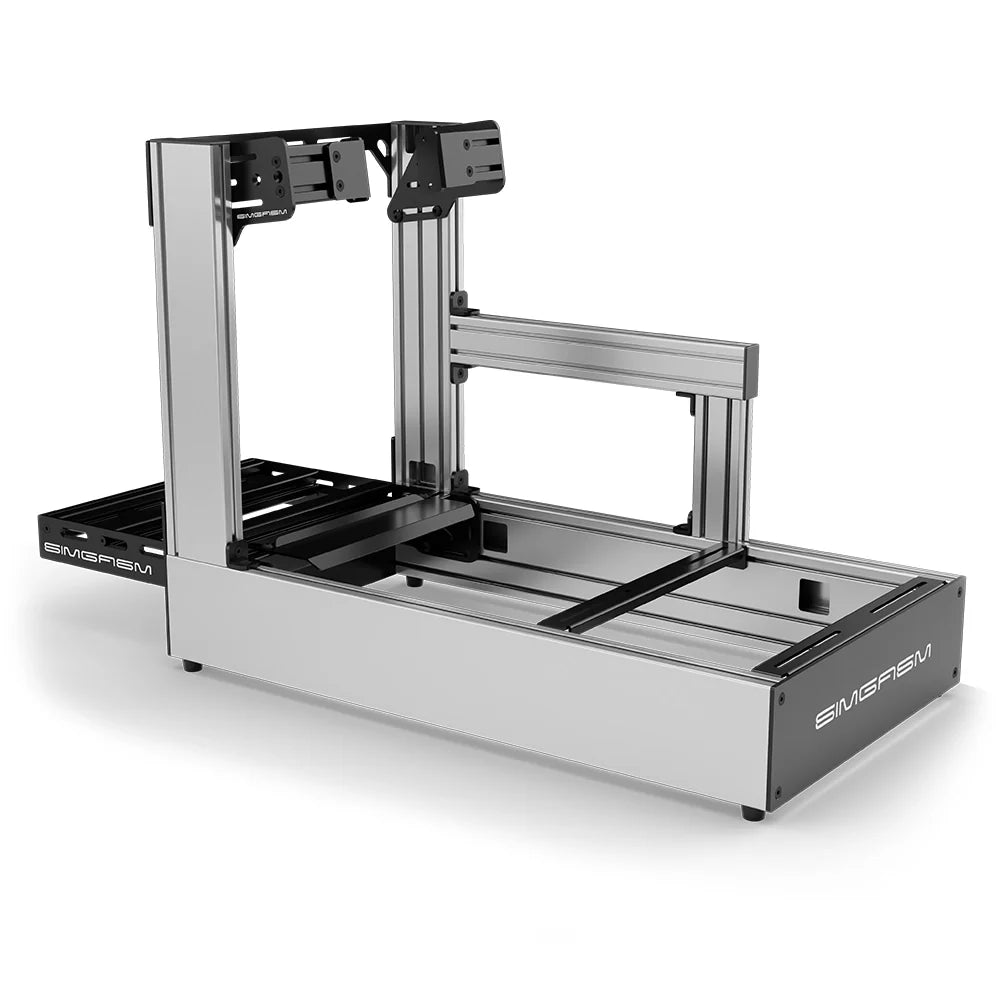 Silver SIMGASM Pro sim racing cockpit with side wheel mount, rear three-quarter view