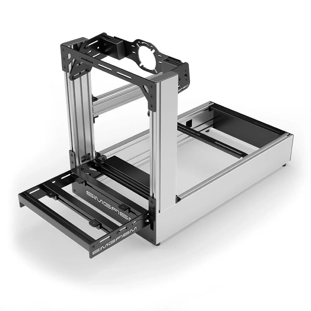 Silver SIMGASM Pro sim racing cockpit with front wheel mount, elevated front three-quarter view