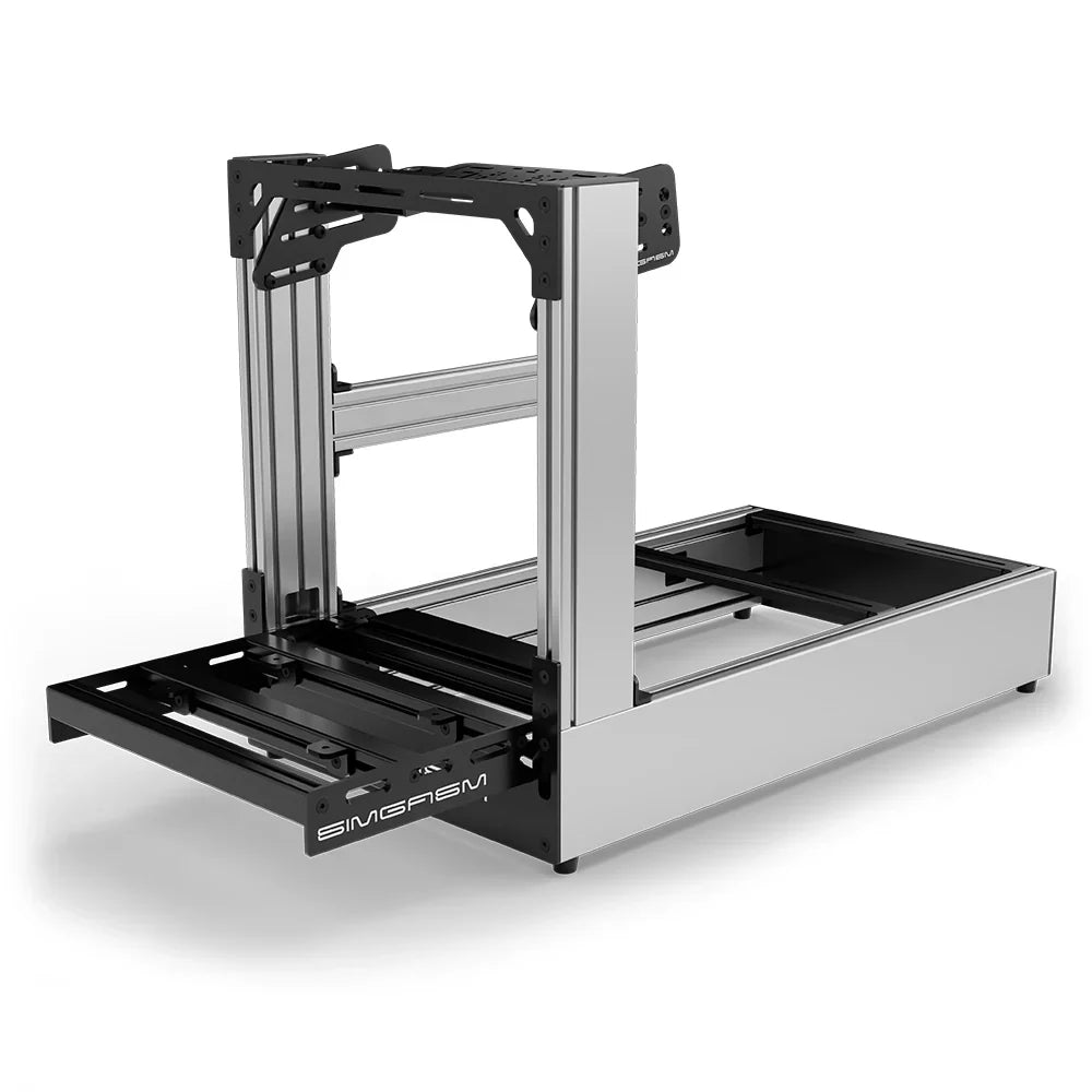 Silver SIMGASM Pro sim racing cockpit with bottom wheel mount, low front three-quarter view