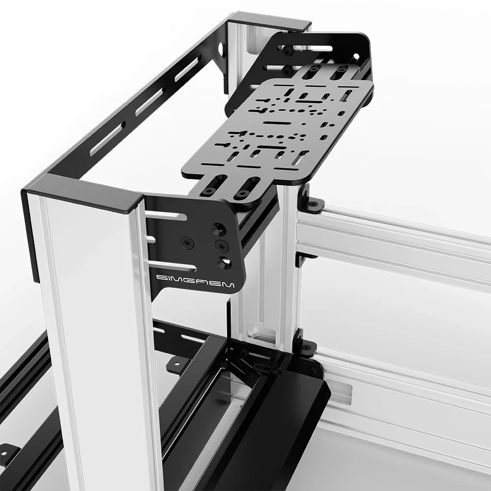 White SIMGASM Pro sim racing cockpit with bottom wheel mount, mounting hardware close-up