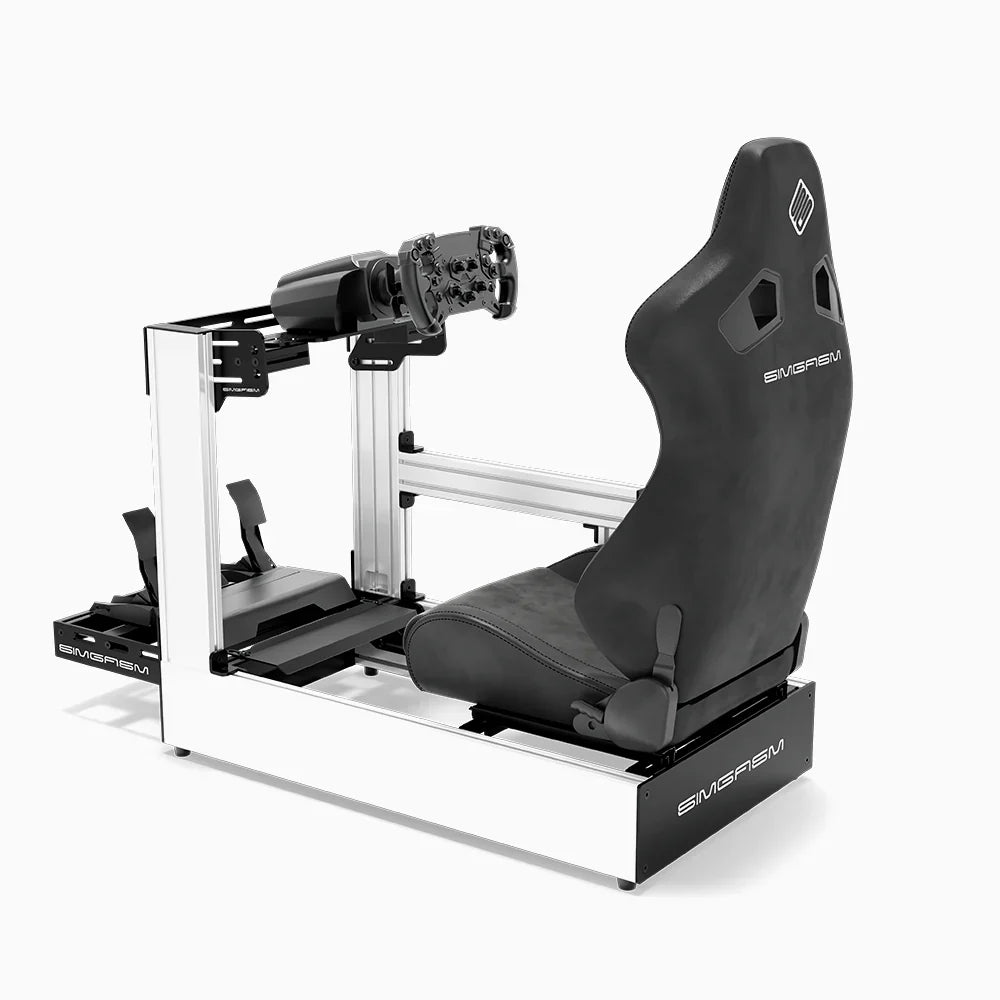 White SIMGASM Pro sim racing cockpit with MOZA gear and black reclining seat, side view showing seat back
