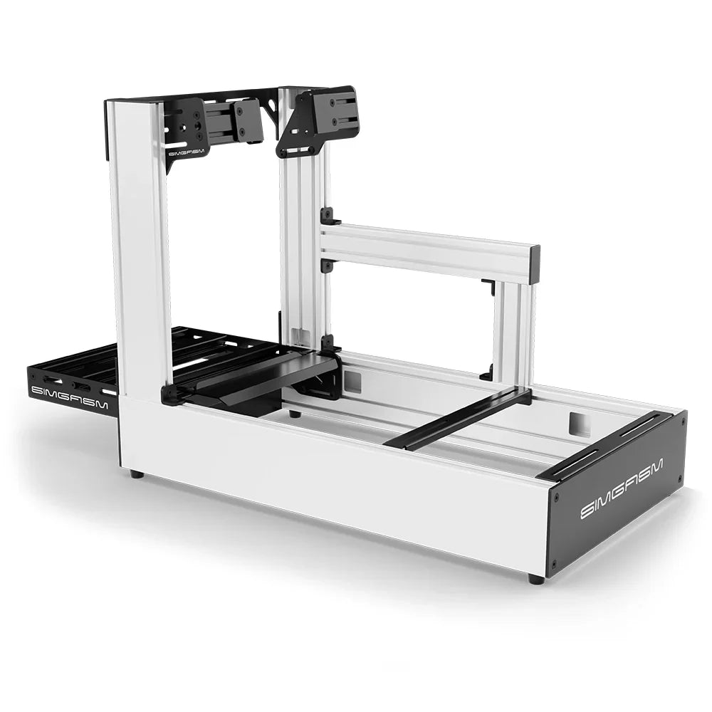 White SIMGASM Pro sim racing cockpit with side wheel mount, rear three-quarter view