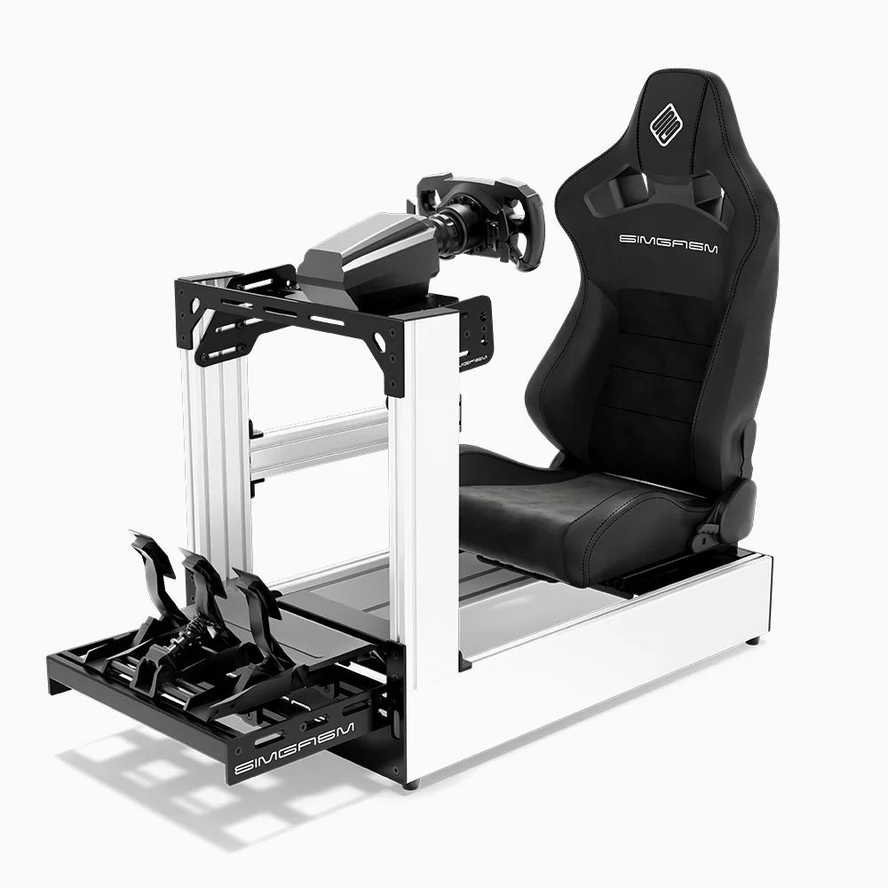White SIMGASM Pro sim racing cockpit with MOZA gear and black reclining seat, opposite side with cushions