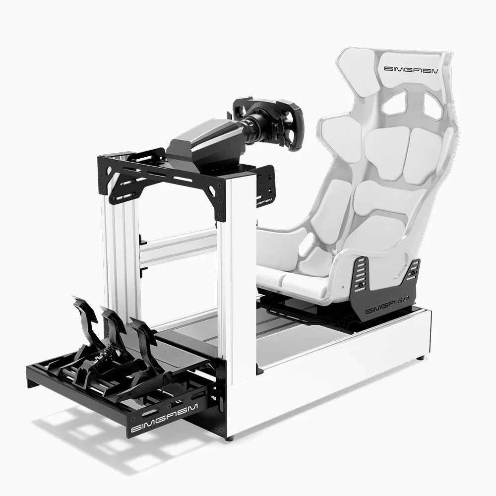White SIMGASM Pro sim racing cockpit with MOZA gear and white GT seat, opposite side with cushions