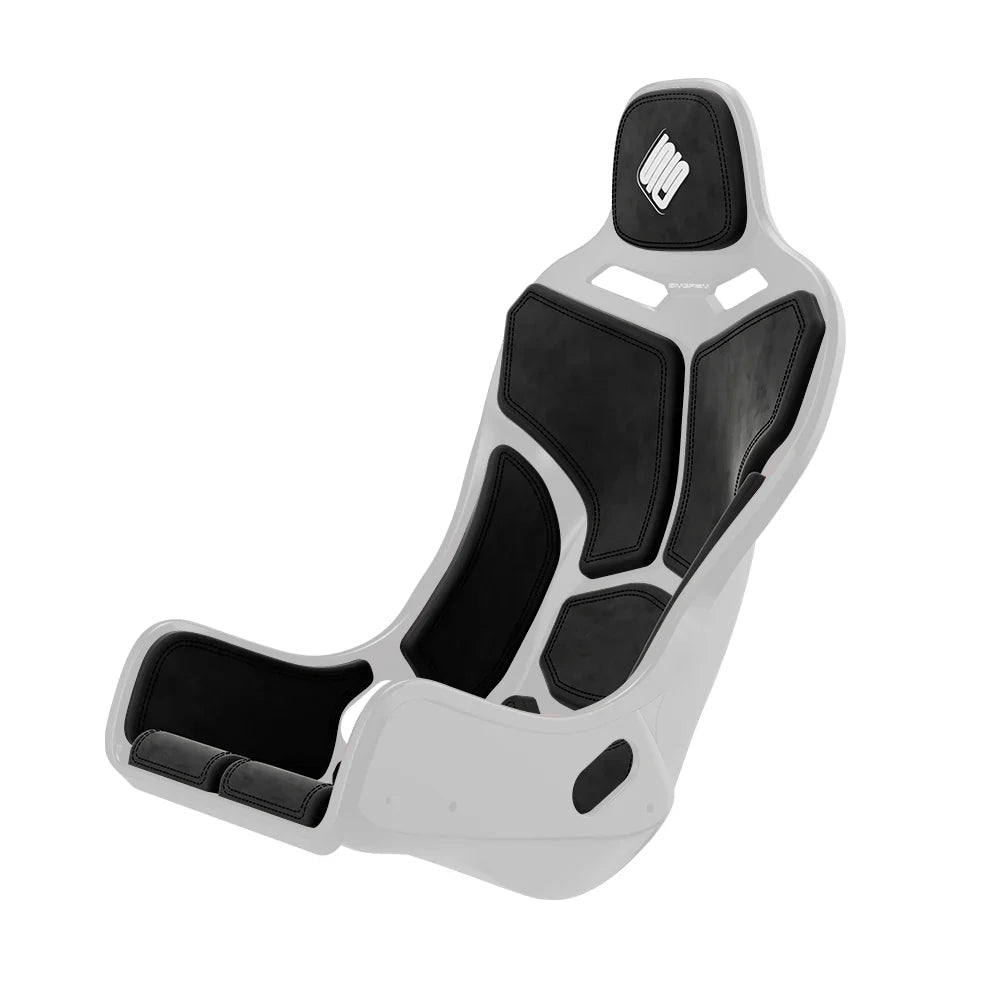 Rear three-quarter view showing the outer profile of the black-shell SIMGASM Atlas Formula seat
