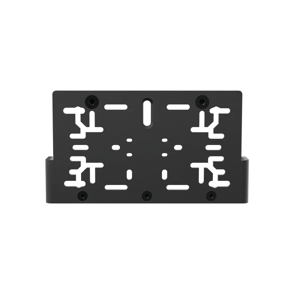 Top view of the black SIMGASM shifter and handbrake mounting plate with multiple slot patterns