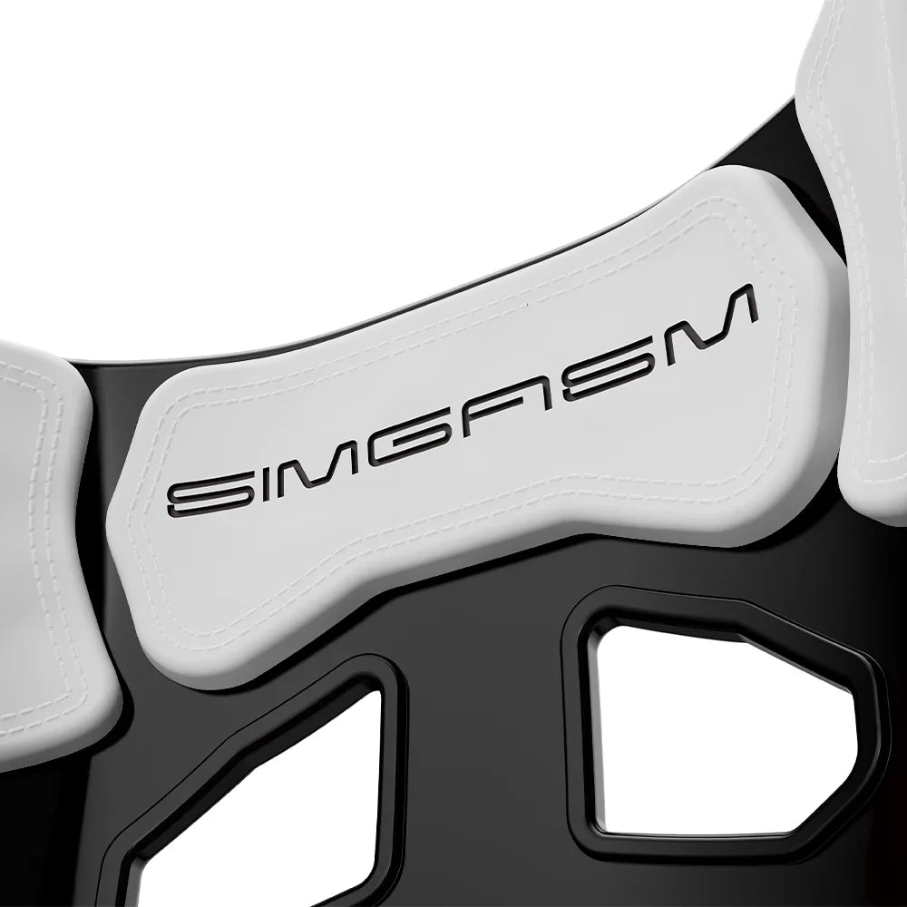 Close-up of the white upper backrest cushion on the black-shell SIMGASM Atlas GT seat